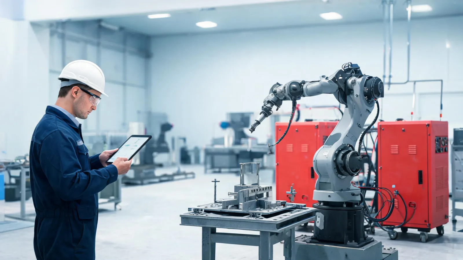 Engineer reviewing welding procedure beside automated cell